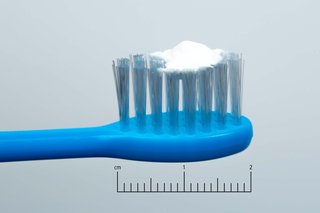 A child's blue toothbrush with a pea-sized amount of toothpaste on it next to a 2cm scale.